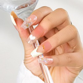 Sethexy French Long Coffin Pink False Nails Handmade Rhinestones Sequins Aurora False Nails 3D Crystal Love Heart Nails for Press On Acrylic Removable for Women and Girls