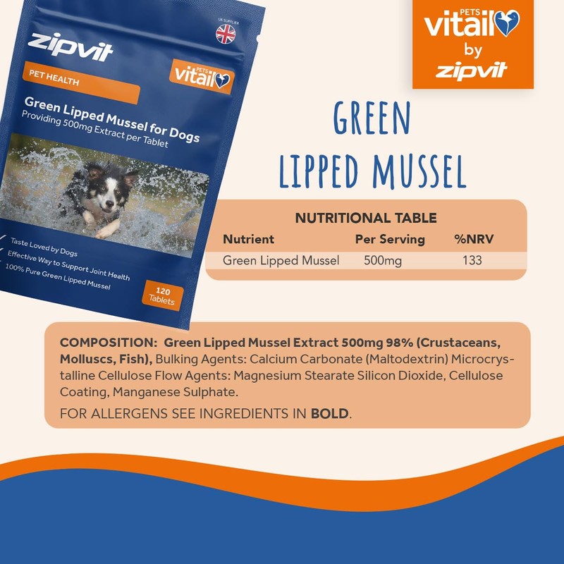 Green Lipped Mussel for Dogs, 500mg. 120 Tablets. Formulated for