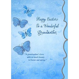 Designer Greetings Shimmering 3D Tip On Blue Butterflies, Die Cut Windows, Swirling Die Cut Edge Hand Decorated Easter Card for Grandmother