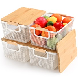 Geelin 4 Pcs Metal Wire Basket with Wooden Handles and Bamboo Lids 12.2 x 8.27 x 5.51" Mesh Steel Basket Stackable Storage Bins Organizer Containers for Vegetables Fruit Home Cabinet Pantry(White)