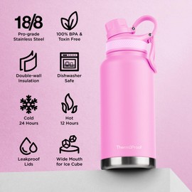 ThermoProof Double-Walled Vacuum Insulated Stainless Steel Water Bottle - Wide Mouth Canteen, Spout & Straw Lids, Dishwasher Safe, Reusable, Leakproof, Hot & Cold for Men, Women & Kids - 32oz, Pink