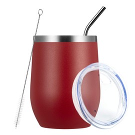 MEWAY Stemless 12oz Wine Tumbler Glasses with Lid -Insulated Double Wall Vacuum Stainless Steel Travel Tumbler with Straw,for Woman Under 10 dollars (Red,1)