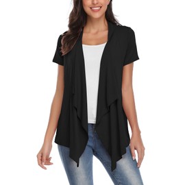 Women’s Open Front Cardigan Irregular Hem Short Sleeve Outfits (L, Black)