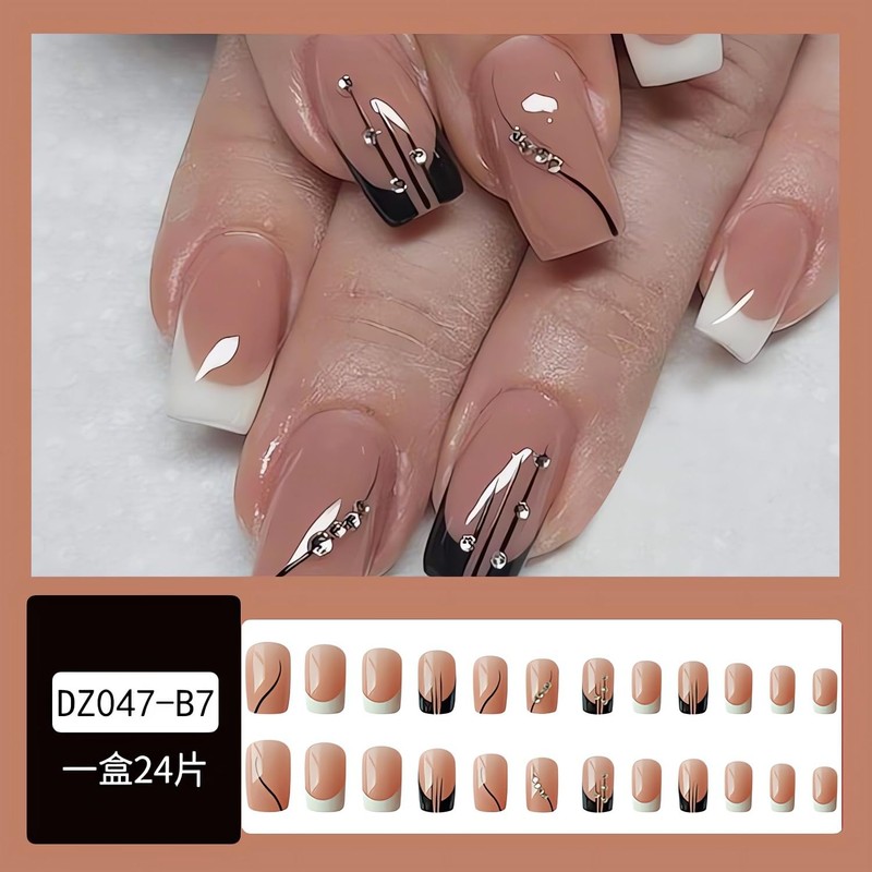 Medium Press on Nails Square Fake Nails Black White French