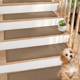 Natural Linen Stair Treads for Wooden Steps, 15 Pcs 8" x 30",Non Slip Stair Runner, Peel and Stick Carpet Indoor for Kids Elders and Pets (15, Brown, 8" x 30")