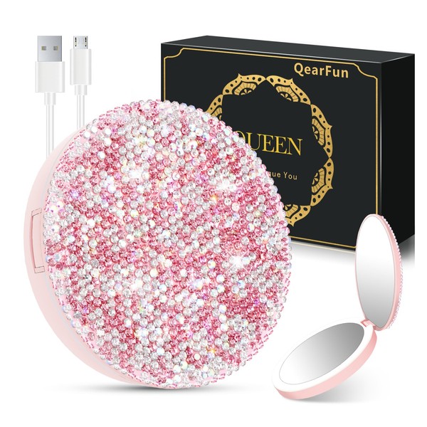 QearFun Luxurious Rhinestone LED Lighted Compact Mirror, Bling Portable Travel Makeup Jeweled Mirrors, 3.5 inch Rechargeable Mini Magnifying Pockets Mirror with Lights, Sparkly Beauty Gifts for Women