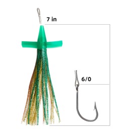 OCEAN CAT 7" Soft Bird Head Daisy Chain Fishing Teaser Bait Trolling Lure Double Skirted for Saltwater Fishing with Rigged Hook 6/0 for Mahi, Tuna, Wahoo and More (Bird Head-7 inch-Green)