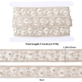 CABODYALS White Embroidered Floral Lace Ribbon with Pearl Bead Webbing Fabric Polyester Boho Jacquard Trim Tape Flower Embroidery Applique Ribbons for Sewing Making Clothes Dress Accessories DIY Craft