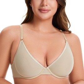 ZCANDAI Women Sheer Mesh Plunge Bra Seamless Unlined Demi Bra Underwire Beige 36DDD