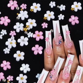 Pink White Flower Nail Charms with Gold and Silver Caviar Beads, Rhinestones, and Pearls Perfect for Acrylic Nails, Nail Art Decorations, and DIY Craft