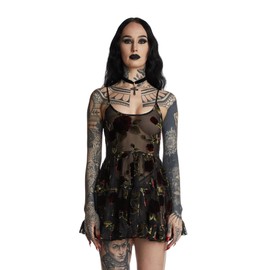 Dolls Kill Befallen Romance Mini Dress by Widow – Sheer Mesh Mini Dress with Velvet Rose Detail & Lace-Up Back, Black - XX-Small