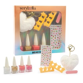 verybella The Bear Set for the Perfect Manicure Set Includes: 4 Colour Peel-Off Nail Polishes, 1 Nail File, 2 Soft Toe Separators, Coloured Nail Stickers, 1 Heart Shaped Keyring