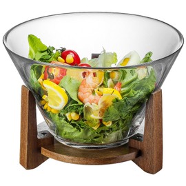 Buaic Glass Salad Bowl Set with Acacia Wood Base Clear Borosilicate Glass Fruit Bowl and Trifle Bowl, Safe Multifunctional Bowl for Popcorn,Chip