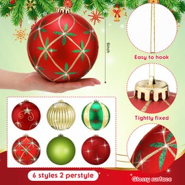 Poen 12 Pcs 6 Inch Extra Large Christmas Ornament Ball Jumbo Shatterproof Hanging Christmas Tree Ornament Outdoor Vintage Red Green Big Christmas Ball Ornament for Xmas Tree Porch Yard(Vivid Style)