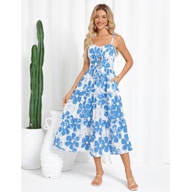 Womens Summer Dress 2025 Floral Maxi Dress Casual Sleeveless Spaghetti Strap Boho Sun Dresses White Blue Floral 2XL