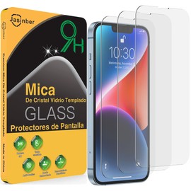 Jasinber Mica para iPhone 141313 Pro, HD Clear Cristal Vidrio Templado, 3 Piezas Protector de Pantalla, 9H Dureza, Amigable para Funda                
