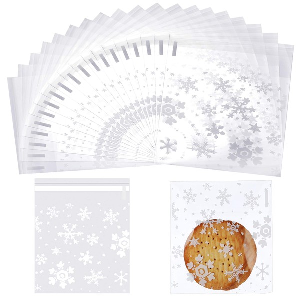 200 Pieces Christmas Cookie Bags Cellophane Treat Bags Snowflake Clear Candy Bag Gifts Goodies Bags with Self Adhesive Seal (4 by 4 Inch)