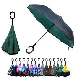 Parquet Green Double Layer Inverted Umbrellas - C Shaped Handle Reverse Folding Windproof Umbrella for Men and Women
