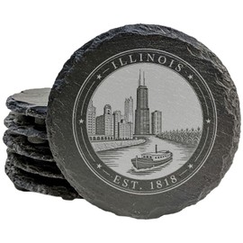 Illinois River City Skyline Slate Coasters Set of 5, Vintage Style Urban Landscape Design with Sailing Boat, Rustic Gray Natural Stone Drink Coasters, Made in USA, Perfect Home Gift