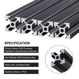 CNCMANS 4PCS 300mm V Slot 2020 Aluminum Extrusion European Standard Anodized Linear Rail Aluminum Profile Extrusion for 3D Printer Parts and CNC DIY (Standard 6.2mm Length 300mm Black)