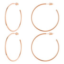 Claro Clivo 2 Pairs Rose Gold Colored Lightweight Chunky Open Hoop Earrings For Women (50MM Hoop, 2 MM Thickness, Stainless Steel Pin)