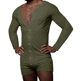 Mens Onesie Pajama Summer Rompers Long Sleeve Nightshirt Bodysuit Breathable Lightweight Comfty Jumpsuit with Short Pants Button Down Sleepsuit Nightgown Loungewear for Adult Green