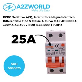 RCBO Selettivo Tipo A(S) 300mA 25A C25, 2P Veri 2 Moduli 6kA 230V Classe A Curva C, Interruttore Magnetotermico Differenziale con Doppia Leva e Diagnostica Visiva, Modello PL8M2