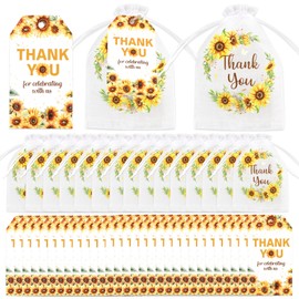 Diartpaint 50 Sets Organza Bags Set, Party Favor Jewelry Gift Bags Drawstring Bags with Tags String, Thank You Tags Candy Mesh Pouches for Wedding Baby Bridal Shower Birthday Party (Sunflower)