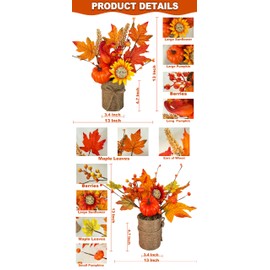 [2-Style & Light Timer] 2 Pack 13 Inch Fall Decor Table Centerpiece with Lights 20LED Maple Arrangement Potted Pumpkin Sunflower in Burlap Fall Decorations for Home Kitchen Office Autumn Thanksgiving