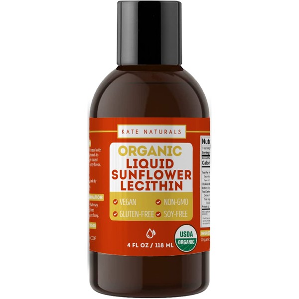 Kate Naturals Organic Sunflower Lecithin Liquid for Brownies, Gummies and Cooking (4oz) Vegan & Gluten Free. Organic Liquid Lecithin Sunflower for Lactation Supplement, Baking, and Smoothies