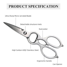 Sunnecko Heavy Duty Kitchen Scissors - Stainless Steel Kitchen Shears, Ultra Sharp Micro Serrated Poultry Shears, Cooking Scissors for Meat, Dishwasher Safe