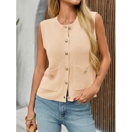 Saodimallsu Womens Summer Cropped Sweater Vest Sleeveless Button Ribbed Knit Crew Neck Cardigan Vests Top with Pockets Beige