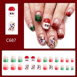 Christmas Press on Nails Short Square Fake Nails Santa Claus Light Designs Xmas Red Green Glitter French Tip False Nails Full Cover Stick on Nails Acrylic Winter Artificial Nails for Women 24 Pcs