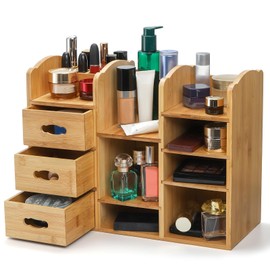 Coloch Bamboo Makeup Organizer with Drawers, Large Cosmetics Storage Shelf for Vanity Countertop Skincare Organizer for Desktop, Skincare, Beauty Supplies, Cosmetics Display, Stationery Storage