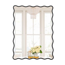 18"x24" Wavy Black Bathroom Mirror, Wood Framed Waved Edge Accent, Rectangular Wall Decorative Vanity, Farmhouse Irregular for Bedroom Entryway Living Room