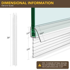 Bathroom Shower Glass Door Bottom Seal Strips, Length 39 Inch 2PCS Transparent PVC Door Bottom Seall Strips for 1/4" (6MM) Thick Framless Glass Panel