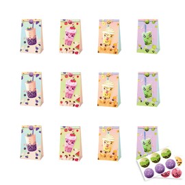 Pack of 12 Boba Tea Party Bags 12 Pieces Boba Tea Sticker Bubble Tea Birthday Party Accessories Boba Tea Treat Bag Gift Bags Candy Bags for Boba Tea Party Decorations