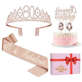 Juesly 80th Birthday Decorations for Women, Including 80th Birthday Sash and Crown, Cake Topper and Candles, 80 Year Old Gifts for Women