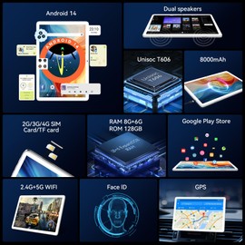 Tablet 10 inch Android 14 Tablet 2024 Newest Octa-Core Tablet, Dual 4G Cellular Tablet with 128GB+14GB+1TB Expand, 5G WiFi Android Tablet with Keyboard, 8000mAh, GPS, 13+8MP Camera, Full HD Display