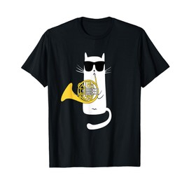 Funny Cat Wearing Sunglasses Playing French Horn T-Shirt
