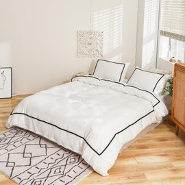 Herside Boho White Duvet Cover Set Double Black Ball Pom Design Ultra Soft Microfibre Easy Care Bedding Set 3pieces Vintage Country Quilt Cover for Boys Girls Shabby Home Decor