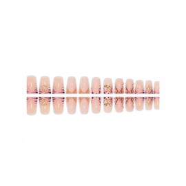 Bow Press on Nails French Tip Fake Nails Pink Glue on Nail with Charms Design Rhinestone False Nail Glossy Full Cover Artificial Acrylic Stick on Nails for Women Girls Manicure 24Pcs