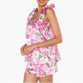 Villagepageme Women Floral Print Pajama Sets Square Neck Tank Top Matching Shorts 2 Piece Lounge PJS Sleepwear (Pink, S)