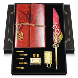Feather Quill Pen and Ink Set,Antique Calligraphy Set with Leather Journal Notebook,Feather Pen,5 Gold Nibs,Pen Holder,Ink,Calligraphy Kits for Beginners Christmas Gift