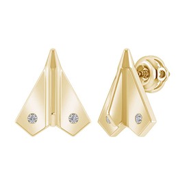 Pretty Jewels 1/20 ct .t.w Round Cut White Natural Diamond Paper Airplane Stud Earrings In 14k Yellow Gold Finish 925 Sterling Silver (G-H/I1-I2/0.05 Cttw)| Minimalist, Delicate Jewelry