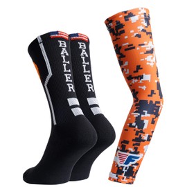 Forever Fanatics Youth Boys Basketball Socks Sports Athletic Mens Crew Socks with Basketball Arm Sleeve - Made in USA (Baller Black/Orange, 6-10 Years)