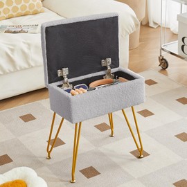 Alessing Vanity Stool Chair Ottoman with Storage, Sherpa Vanity Chair for Makeup Room, Rectangle Vanity Stools with Metal Legs, Soft Makeup Stool Footrest Footstools for Bedroom Living Room, Grey