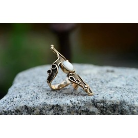 WINDALF Alania Women's Long Ring 45 mm Mother of Pearl Magic Gothic Statement Ring Bronze, Fabric, Mother of Pearl