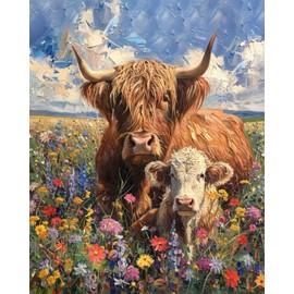 Paint by Numbers Kit for Adults, Highland Cow with Her Calf Paint by Numbers, Wildflowers Field Adult Paint by Number Kits with Paint Brushes and Acrylic Pigment, 16X20 Inch Flameless Paint by Number