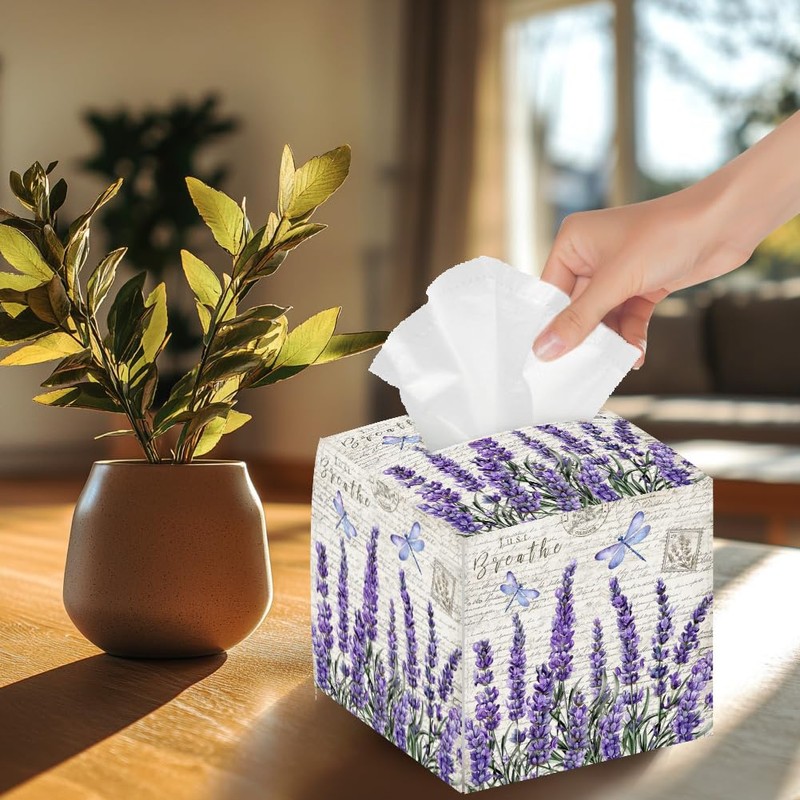 DELORIGIN Lavender Tissue Box Holder, Flower Square Tissue Box Cover